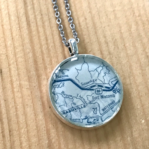 Bayou Sauvage Map Necklace in Blue by Emily McDonald | Silver plated copper, epoxy resin, vintage map, stainless steel chain Bayou Sauvage Map Necklace in Blue